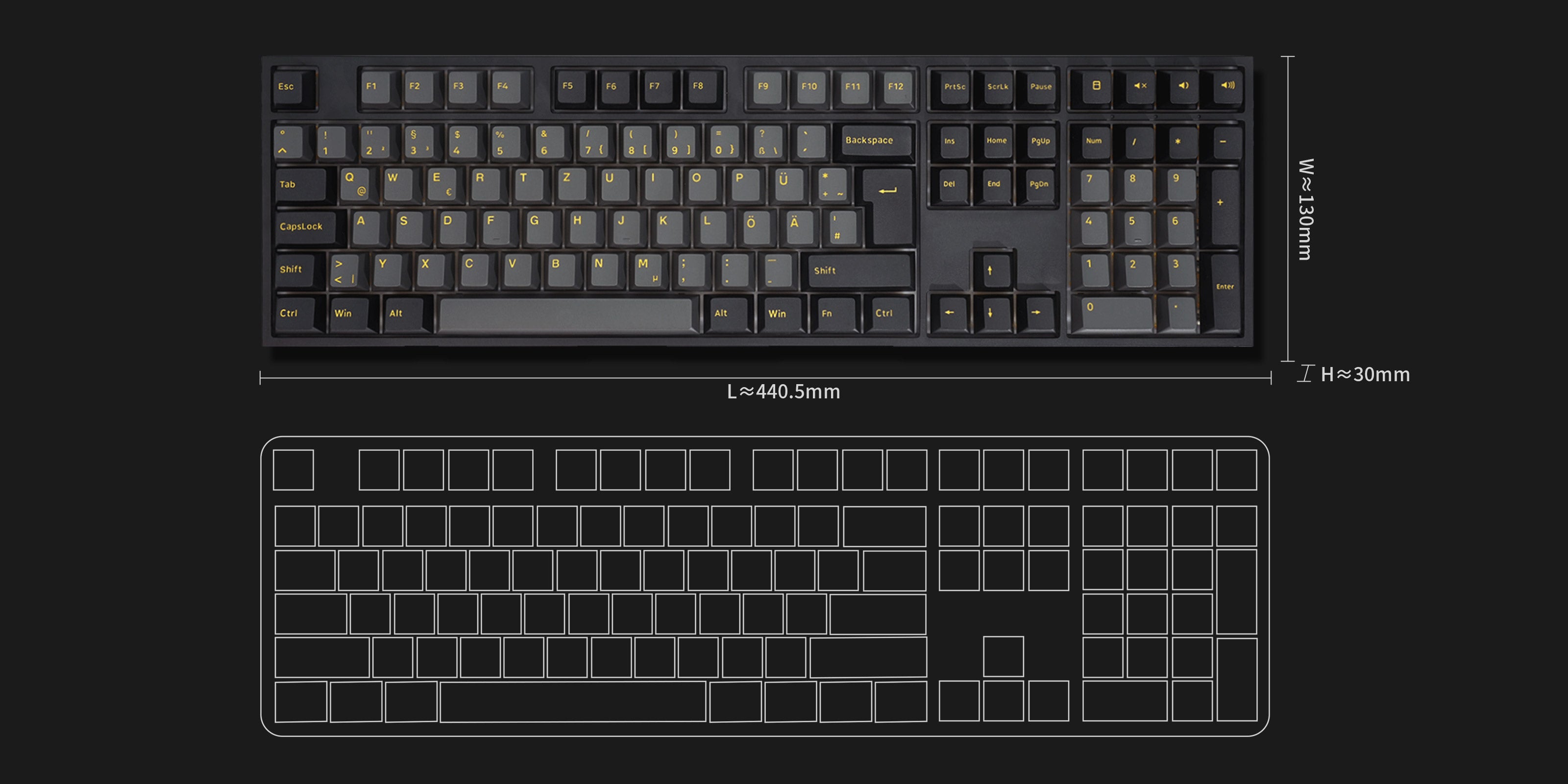 Akko Black & Gold 5108 V5 ISO DE Mechanical Keyboard Size