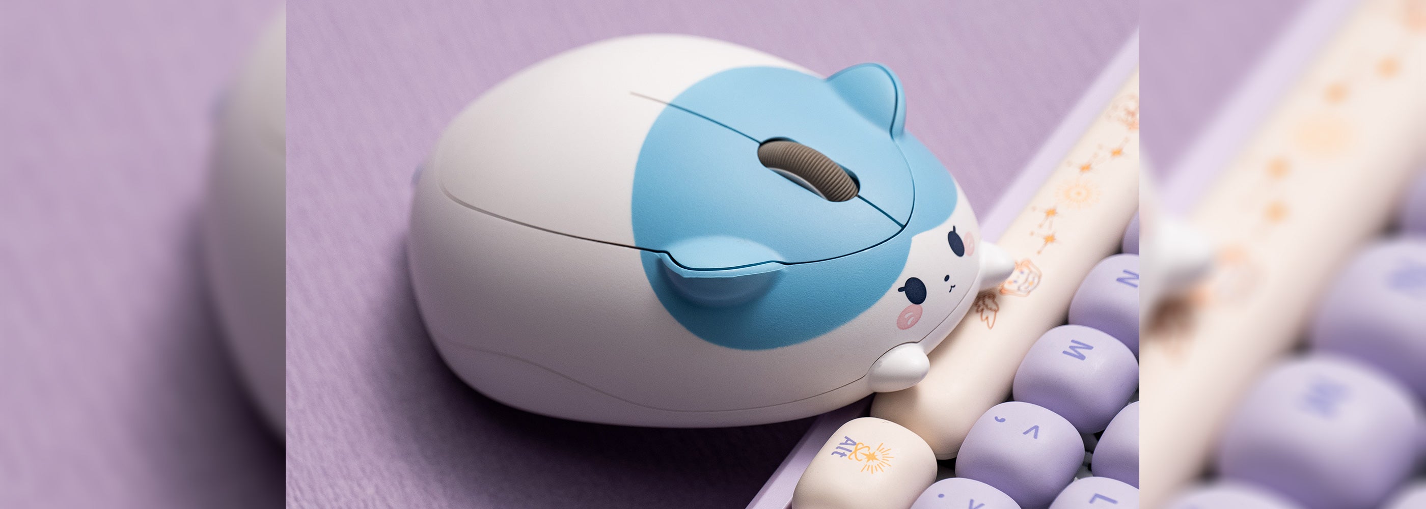 Akko Cat Theme Mouse Blue and White with Keyboards on the Desk