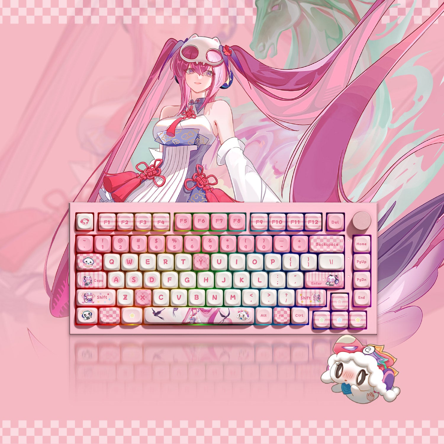 Akko Lulu Liu 5075 V5 pink RGB mechanical keyboard with anime girl themed custom keycaps