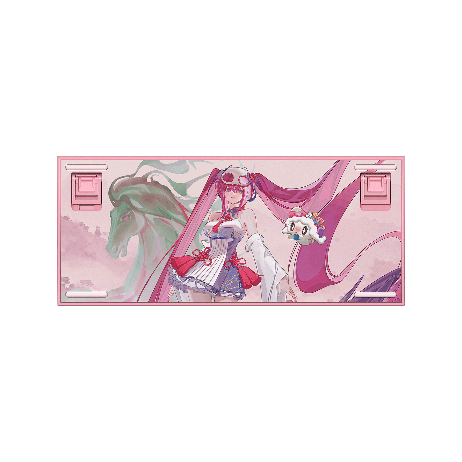 Akko Lulu Liu 5075 V5 Keyboard Back with pink anime artwork of girl, translucent horse and cute mascot