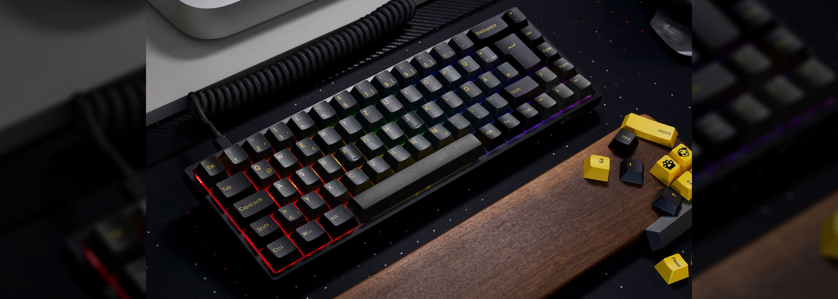 Black & Gold ISO DE Keycap Set (69-key) Install on the Keyboard put on the Desk