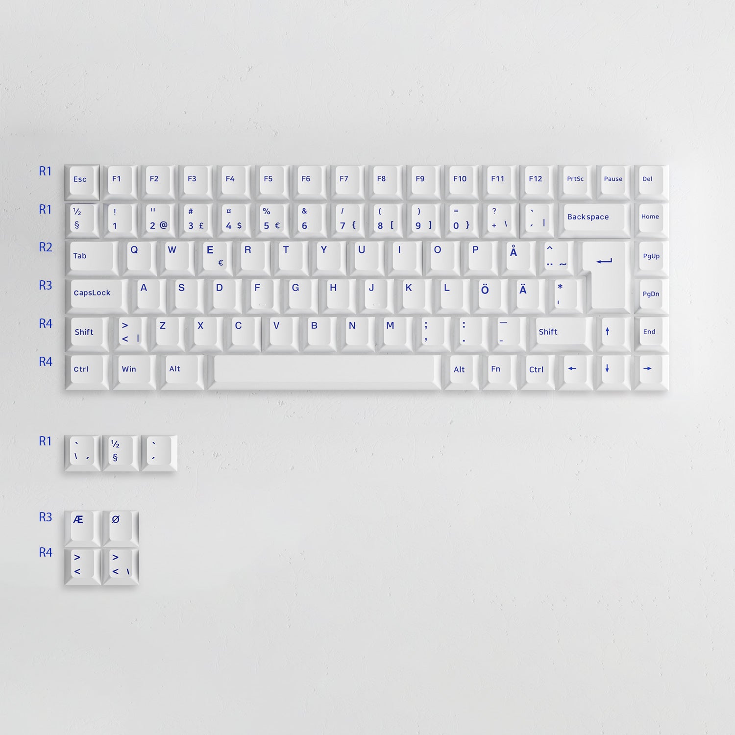 Blue on White ISO Nordic Keycap Set Installed on the Keyboard Row Height