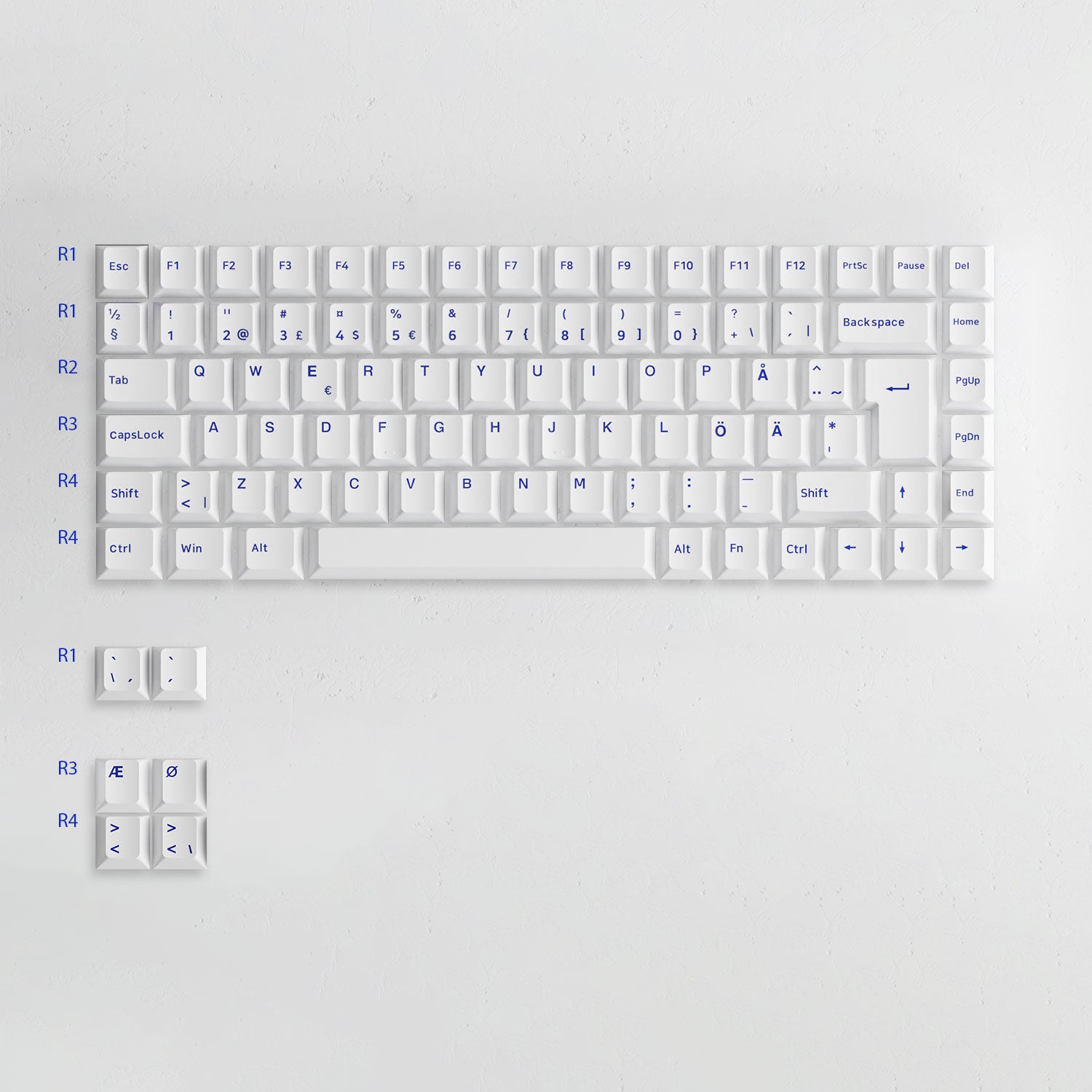 Blue on White ISO Nordic Keycap Set Installed on the Keyboard Row Height