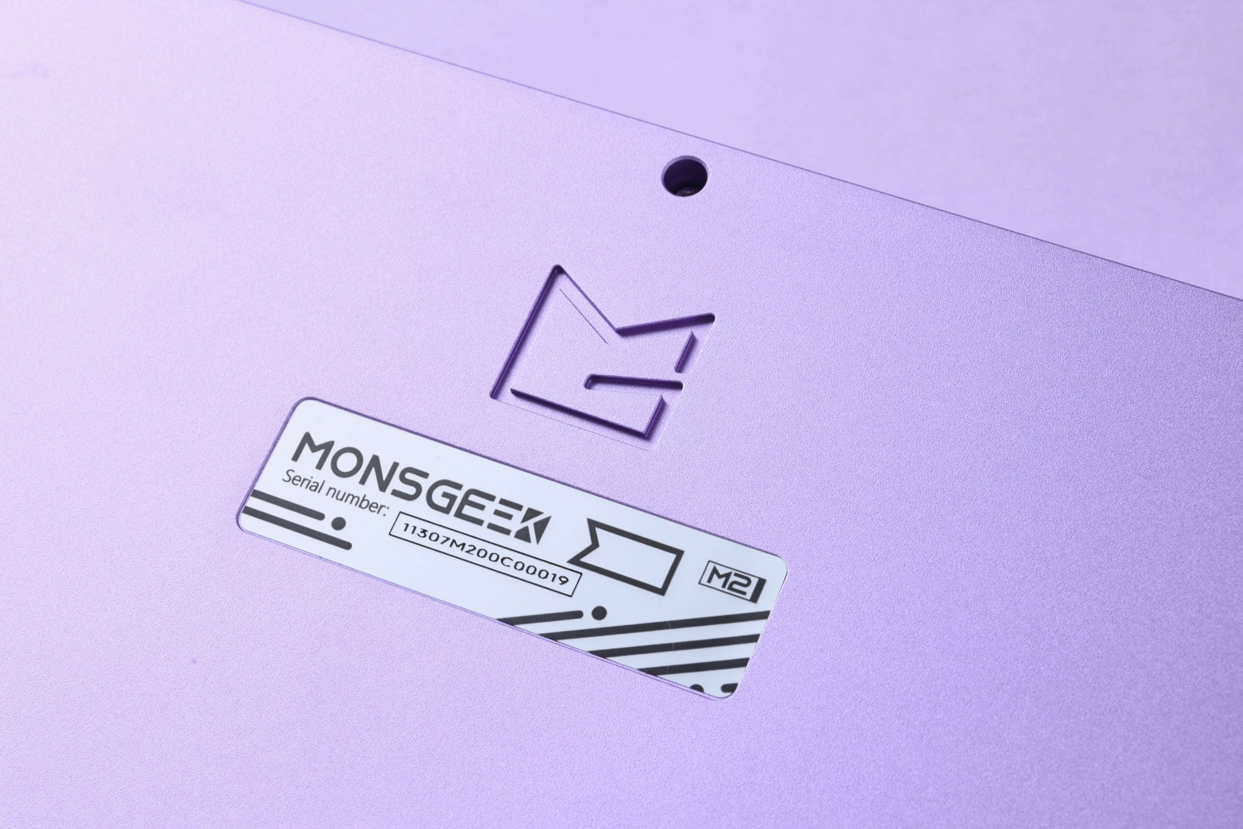 Engraved back design of purple MonsGeek M2 QMK keyboard