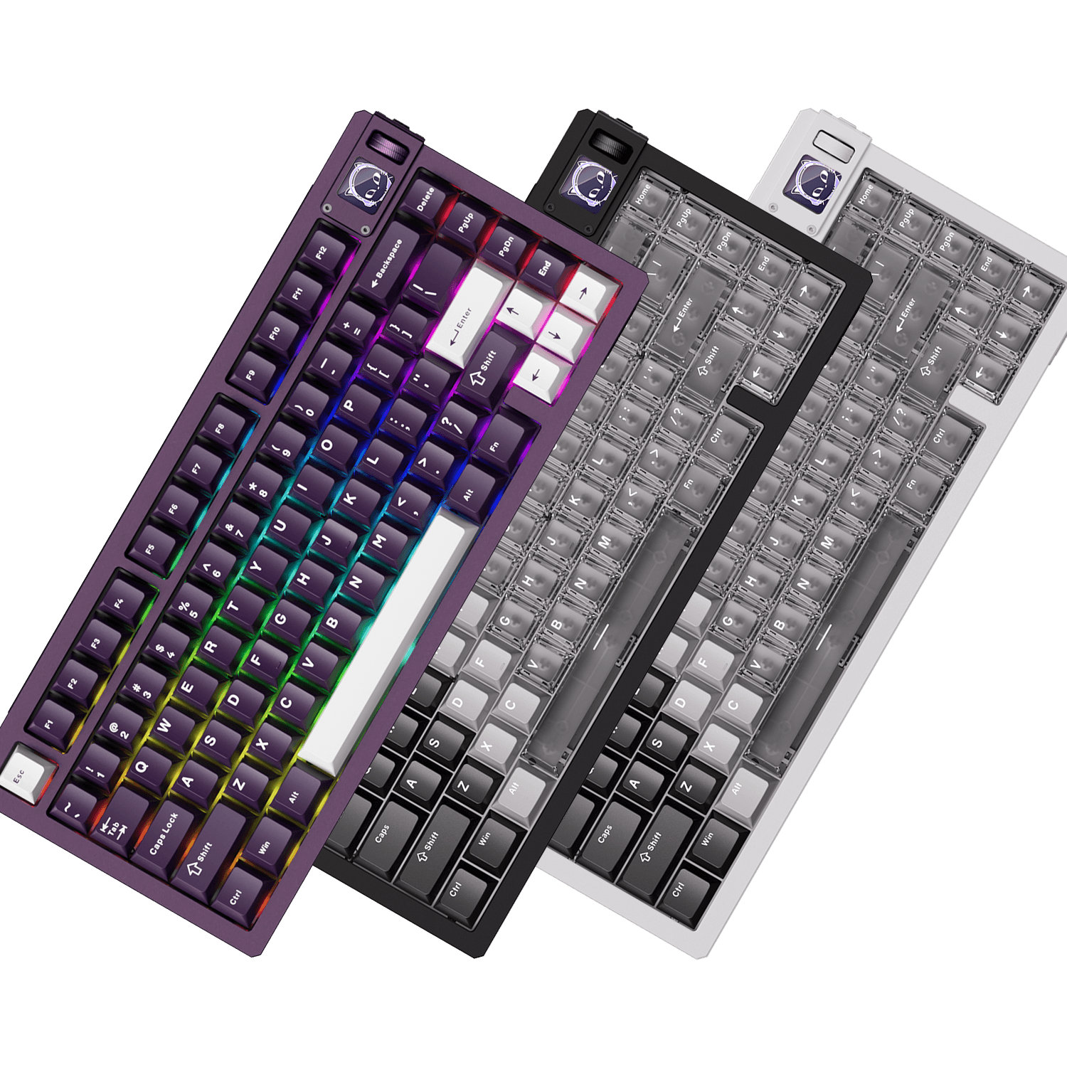 Akko MOD 007B V5 HE three different 75% custom gaming keyboards in black, silver white and purple RGB lighting editions