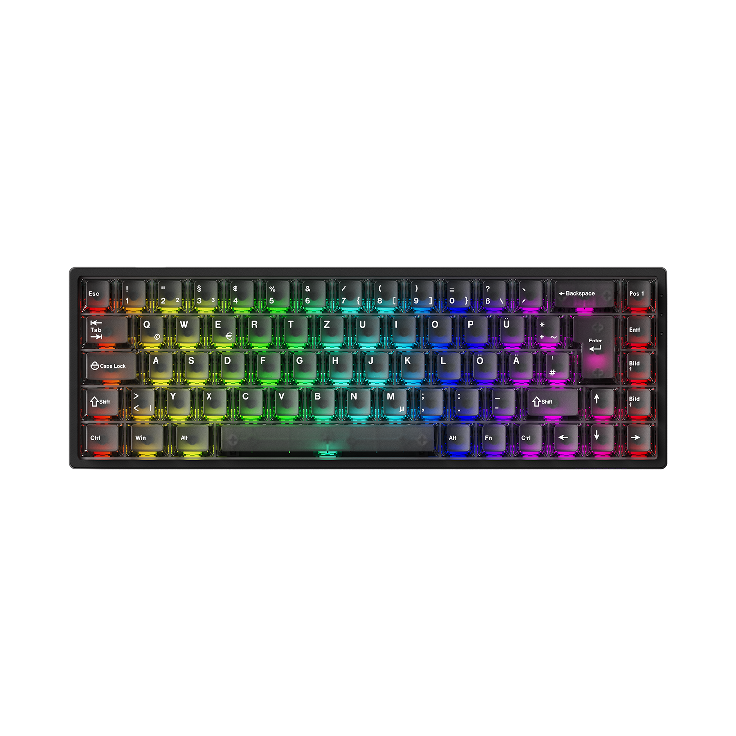RGB Monsgeek FUN68 ISO HE Keyboard with colorful backlight on a white background
