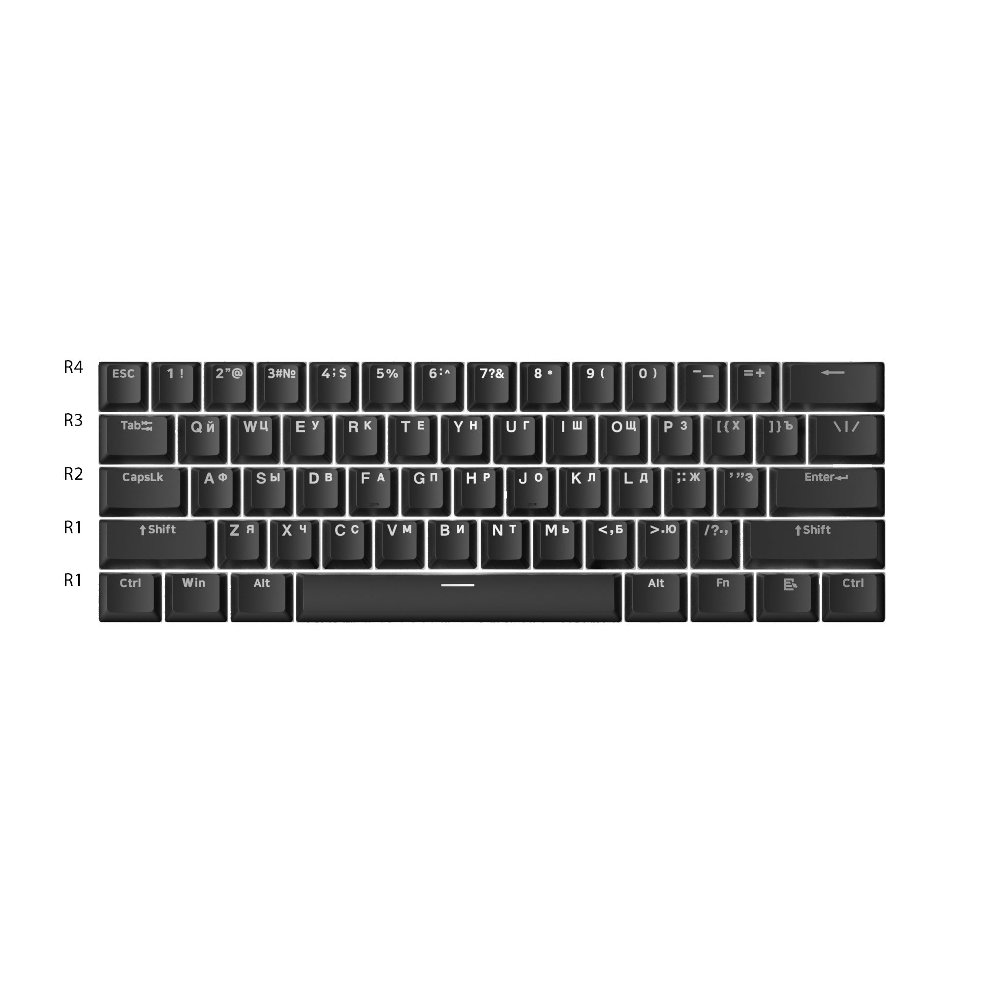 Akko Shine-Through Black Cyrillic Keycap Set (61-key) Row Height