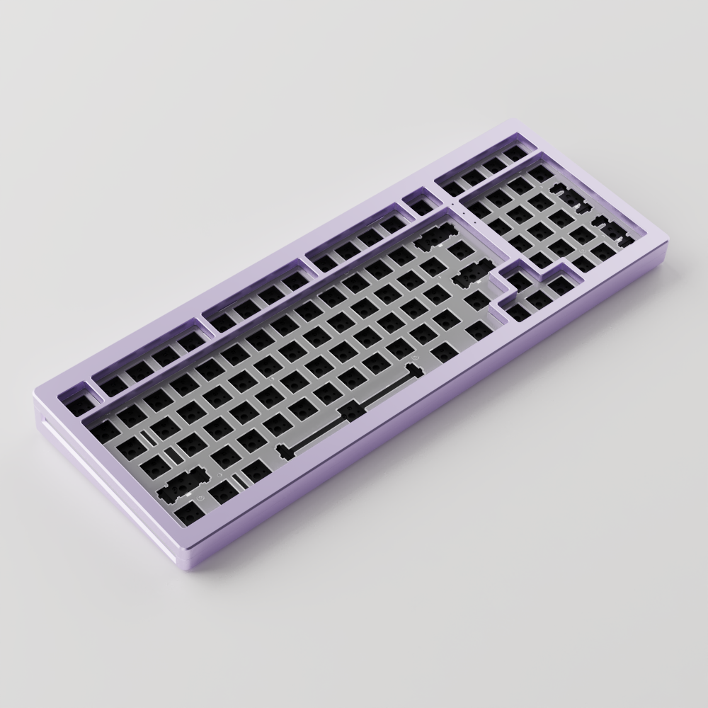 Purple MonsGeek M2 QMK DIY Kit display left sideways on a gray background