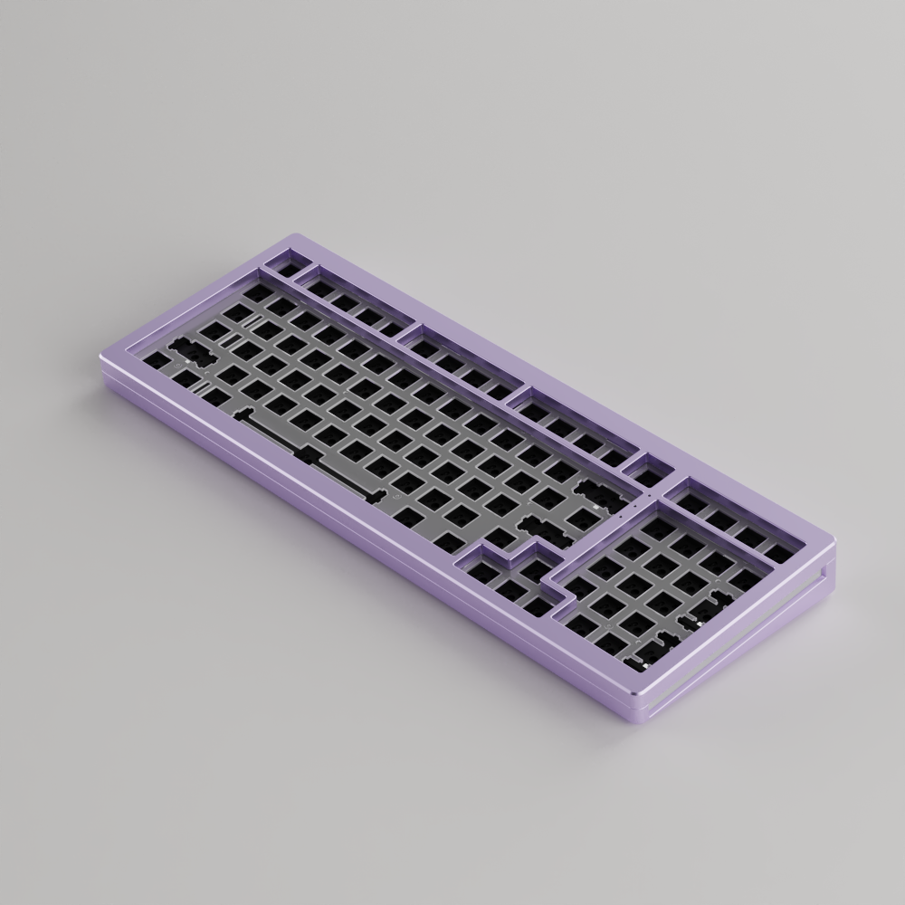 Purple MonsGeek M2 QMK DIY Kit display sideways on a gray background