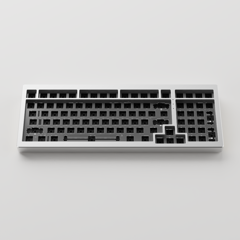 Silver MonsGeek M2 QMK DIY Kit display on the gray backgound