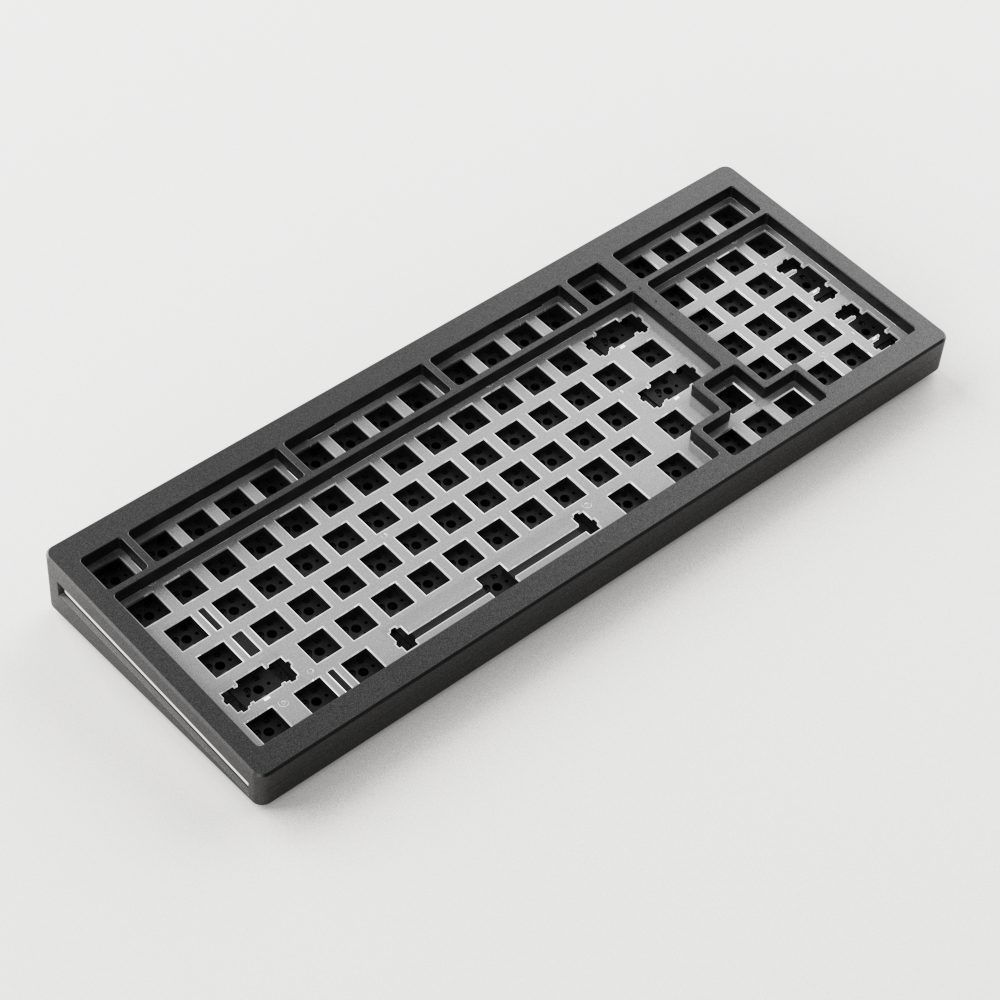 Black MonsGeek M2 QMK DIY Kit display left sideways on a gray background