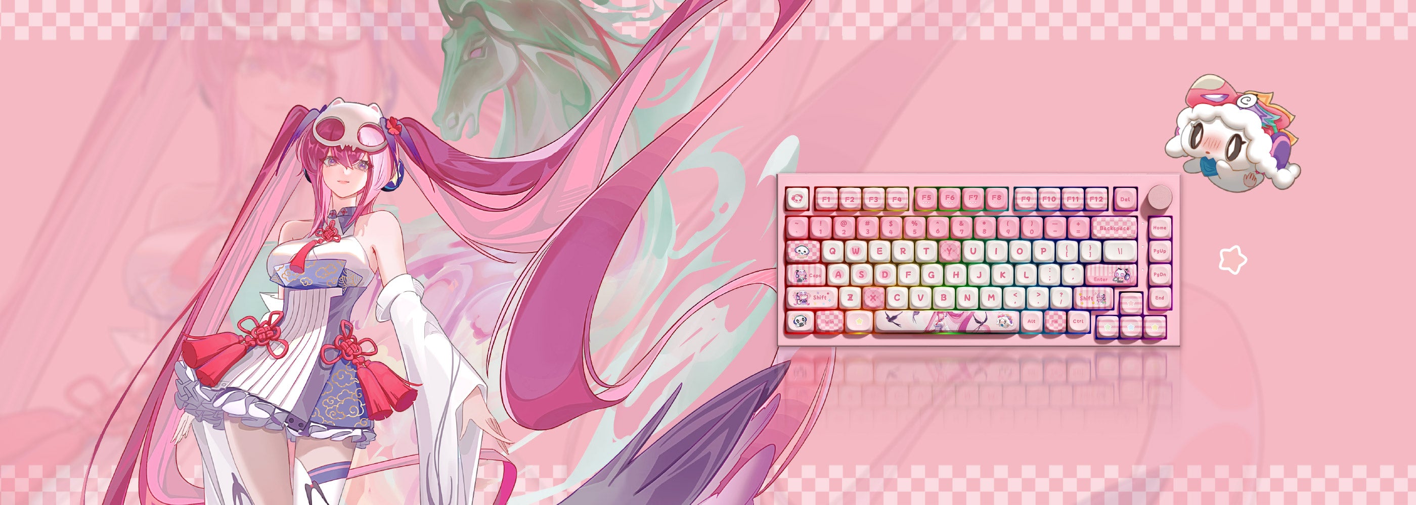 Akko Lulu Liu 5075 V5 Banner features pink anime girl, pastel custom mechanical keyboard and cute mascot