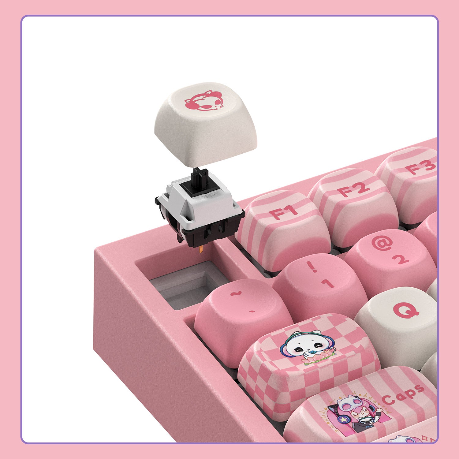 Akko Lulu Liu 5075 V5 cute pink cartoon mechanical keyboard with detached keycap exposing its switch