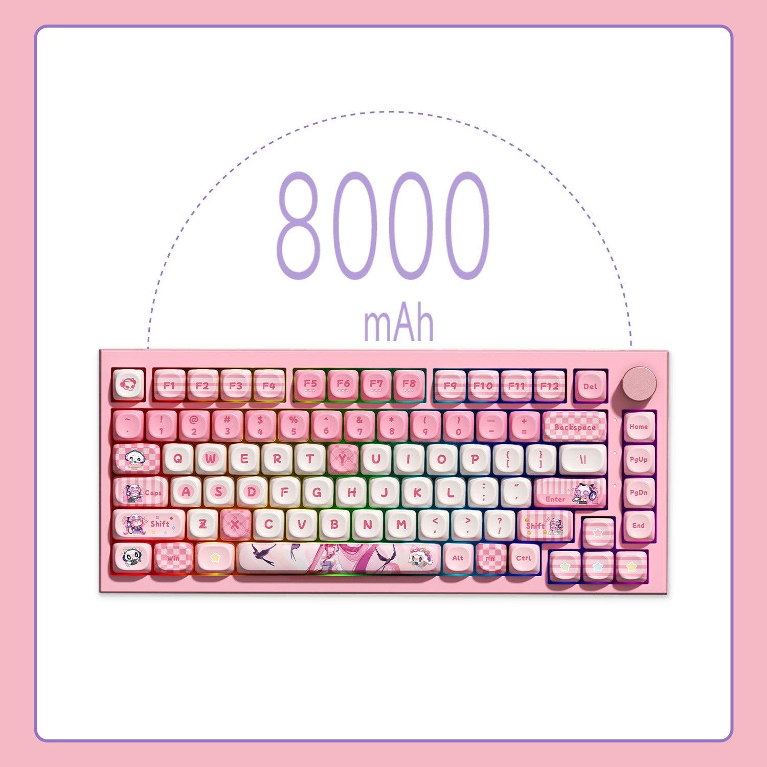 Akko Lulu Liu 5075 V5 pink cartoon themed mechanical keyboard marked with 8000mAh battery