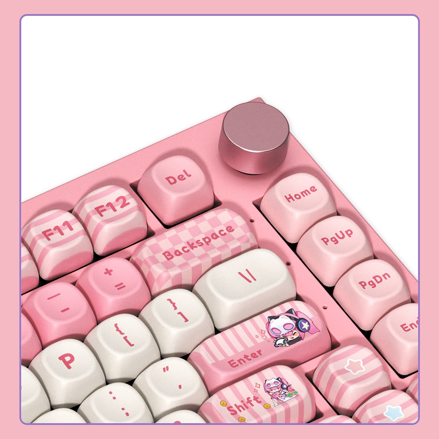 Akko Lulu Liu 5075 V5 cute pastel pink anime themed mechanical keyboard partial closeup view