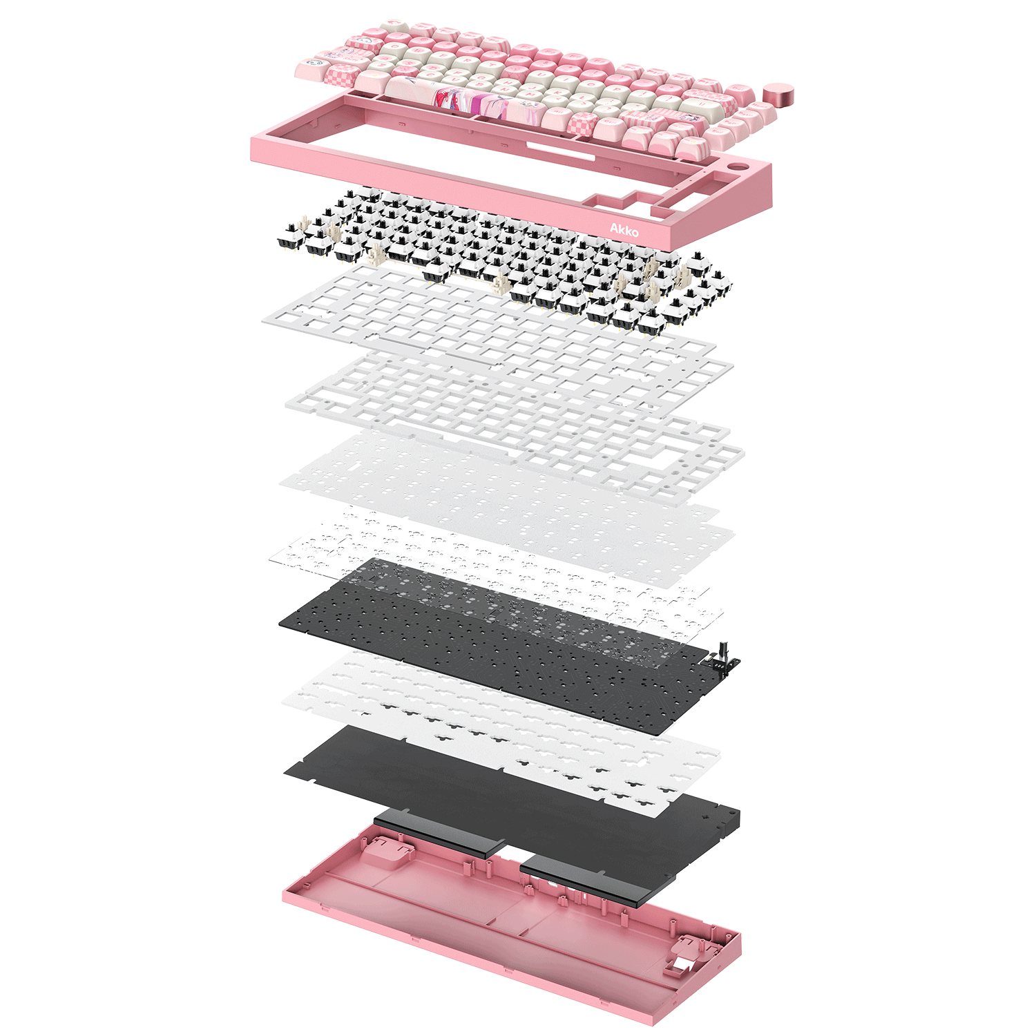Akko Lulu Liu 5075 V5 Keyboard exploded view showing layered internal structure of pink mechanical keyboard