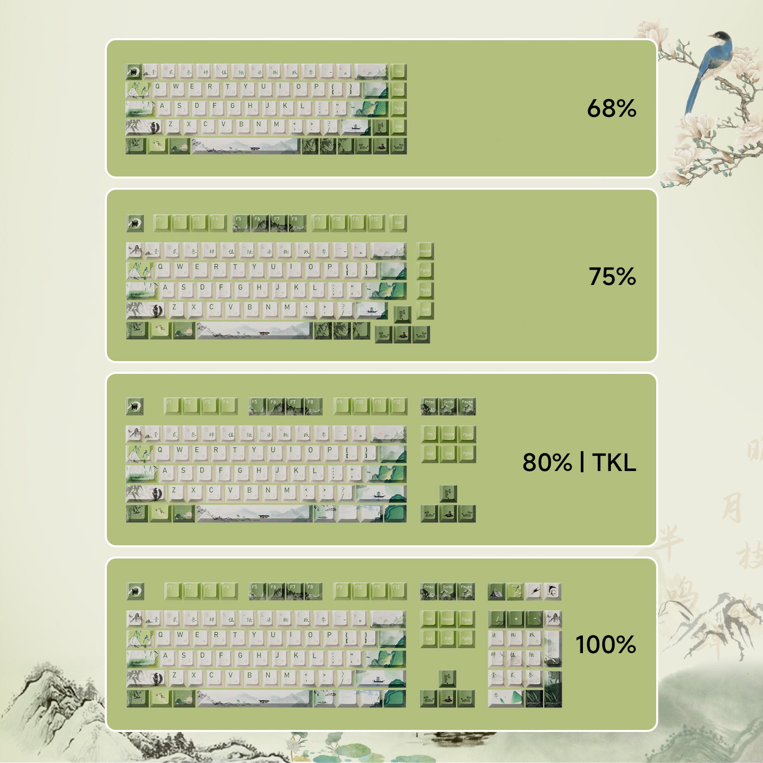 68% 75& 80% and 100% layout of akko summer serenity PBT keycap set