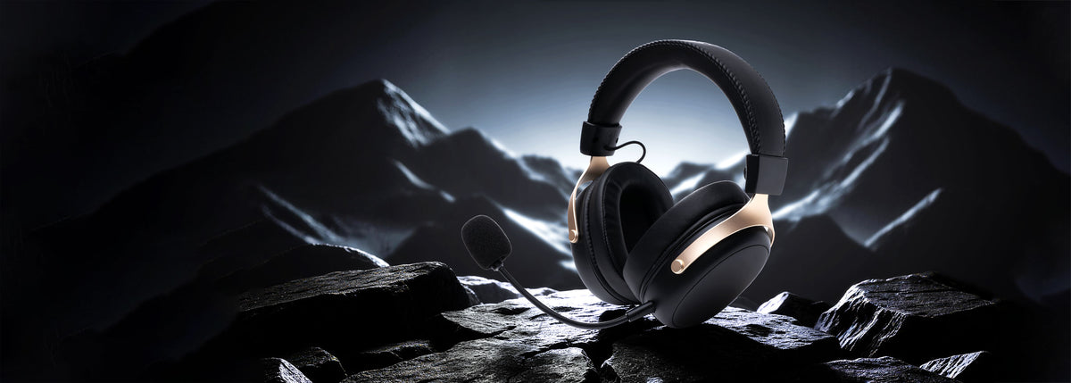 Akko Verge S9 Master black gold gaming headset with microphone on dark rocky mountain backdrop