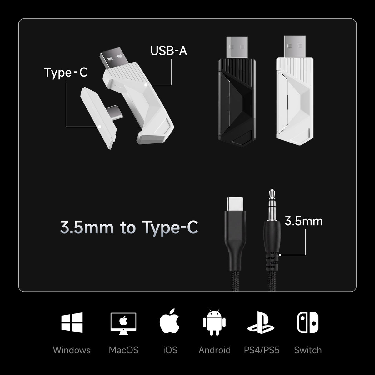 Akko Verge S9 connectivity display with USB-A, Type-C adapters, 3.5mm to Type-C cable and compatible multi-platform icons