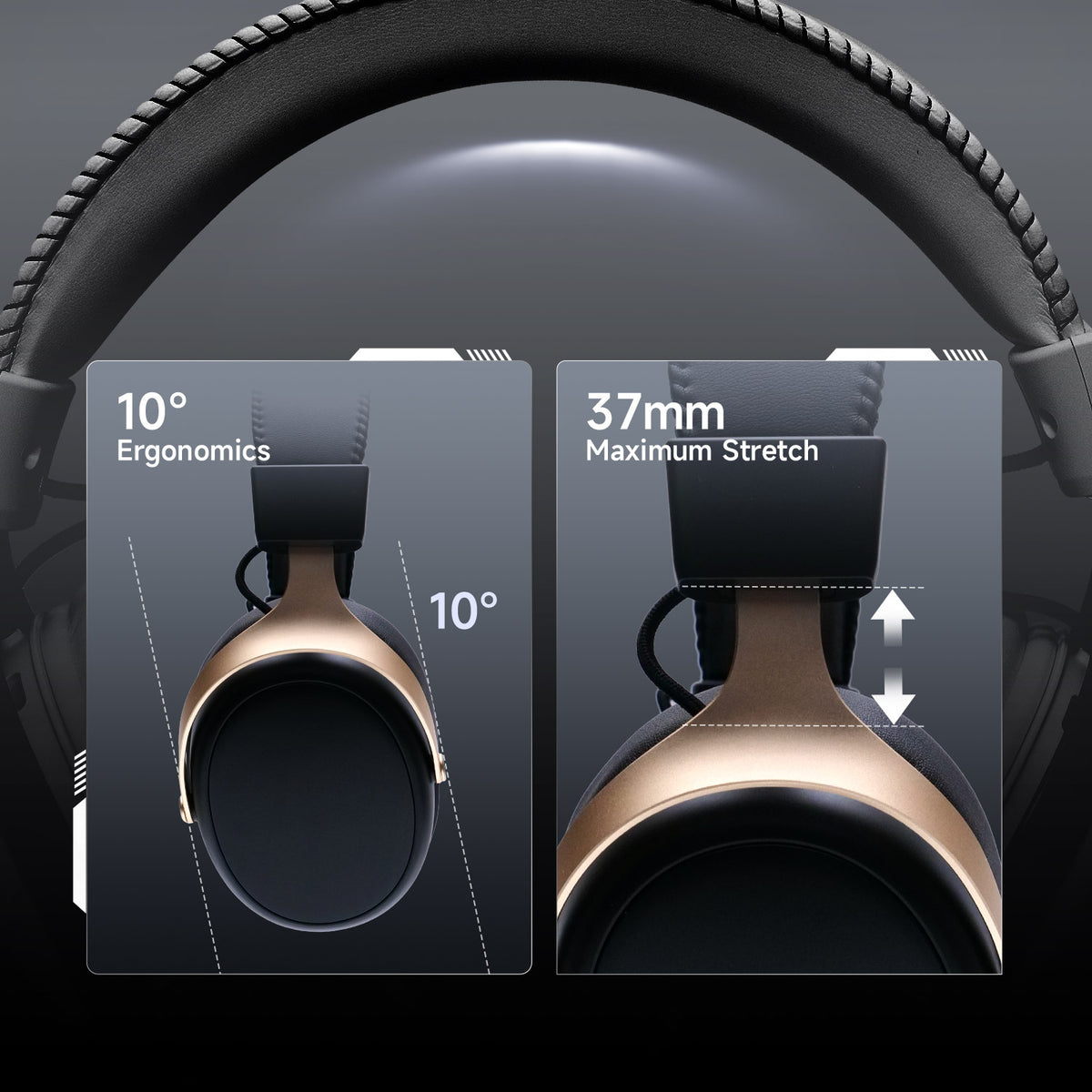 Akko Verge S9 Master headset showing its 10-degree ergonomic design and 37mm maximum stretch adjustment