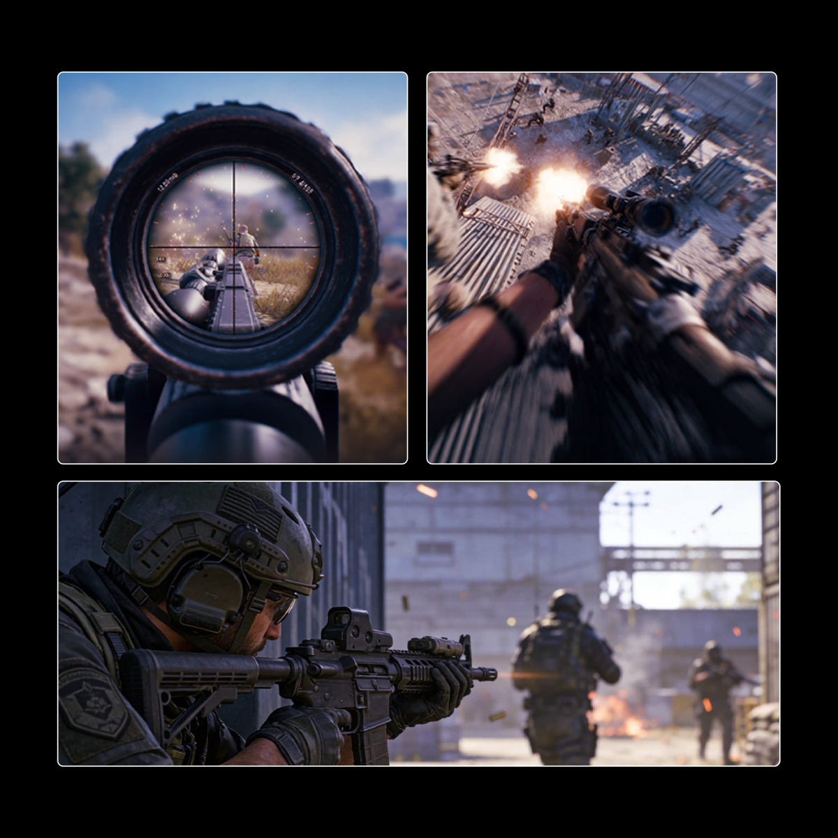 Akko Verge S9 Master Game Audio shows different tactical first person shooter combat gameplay scenes