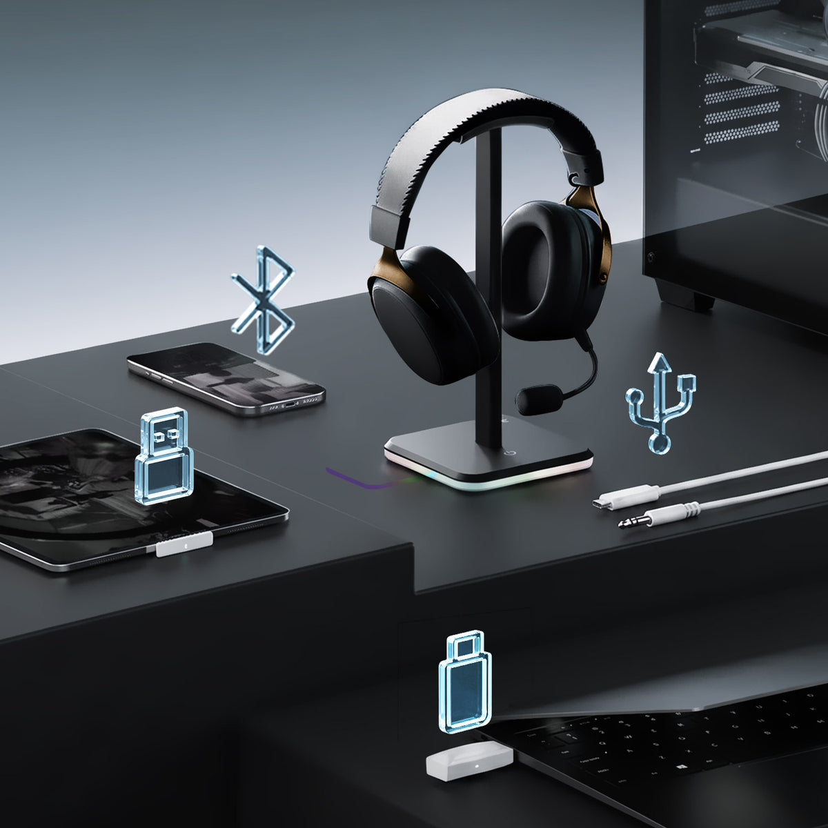 Akko Verge S9 Master wireless gaming headset showcasing multi-mode connectivity on a modern gaming desk