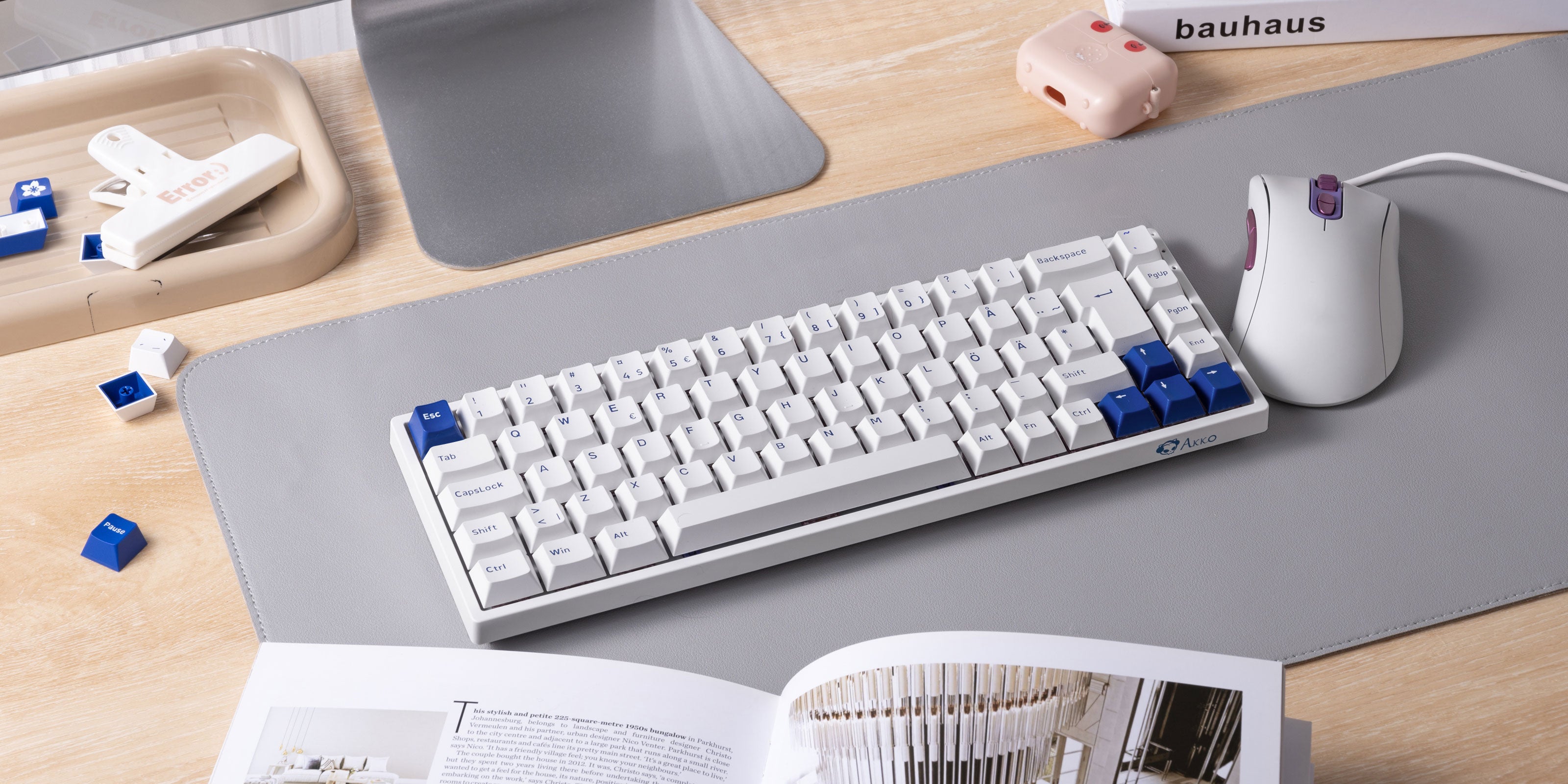 Akko Blue on White 3068B Plus ISO Keyboard on the desk with the mouse