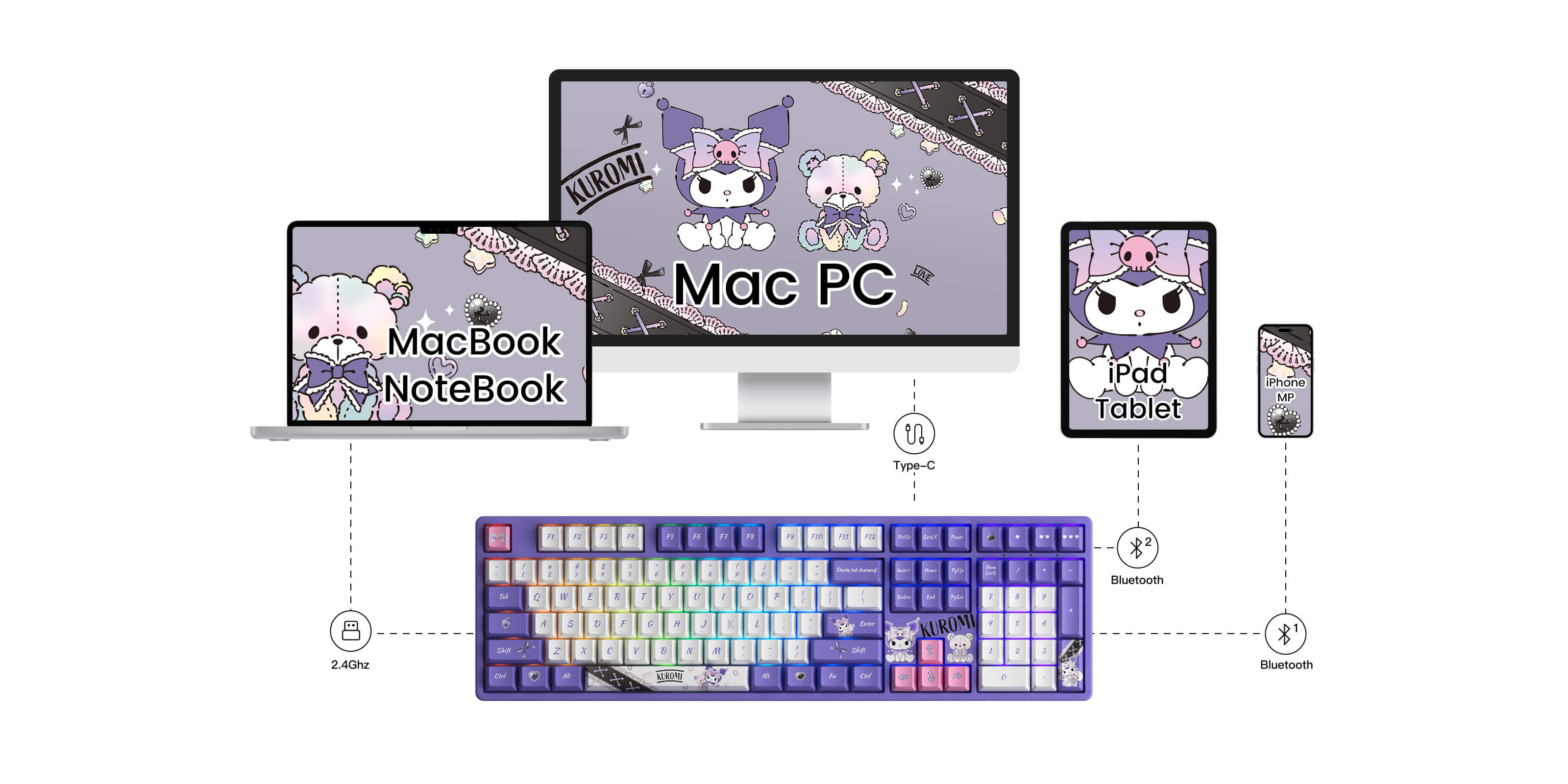 akko kuromi 5108B plus purple mechanical keyboard support multi mode