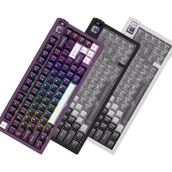 Akko MOD 007B V5 HE three different 75% custom gaming keyboards in black, silver white and purple RGB lighting editions