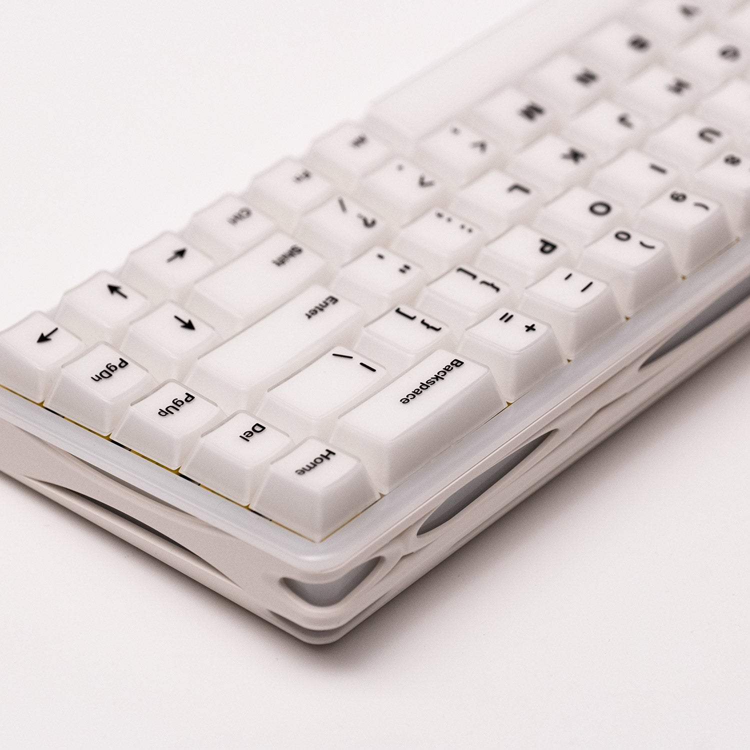 Close-up of a Verve68 HE keyboard with black lettering on a light gray background