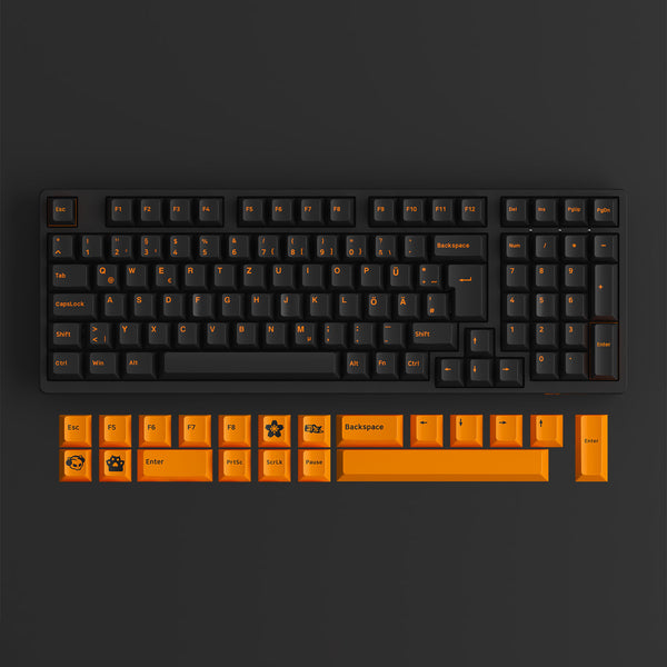 Orange on Black ISO DE Keycap Set 99 Keys Installed on the Keyboard