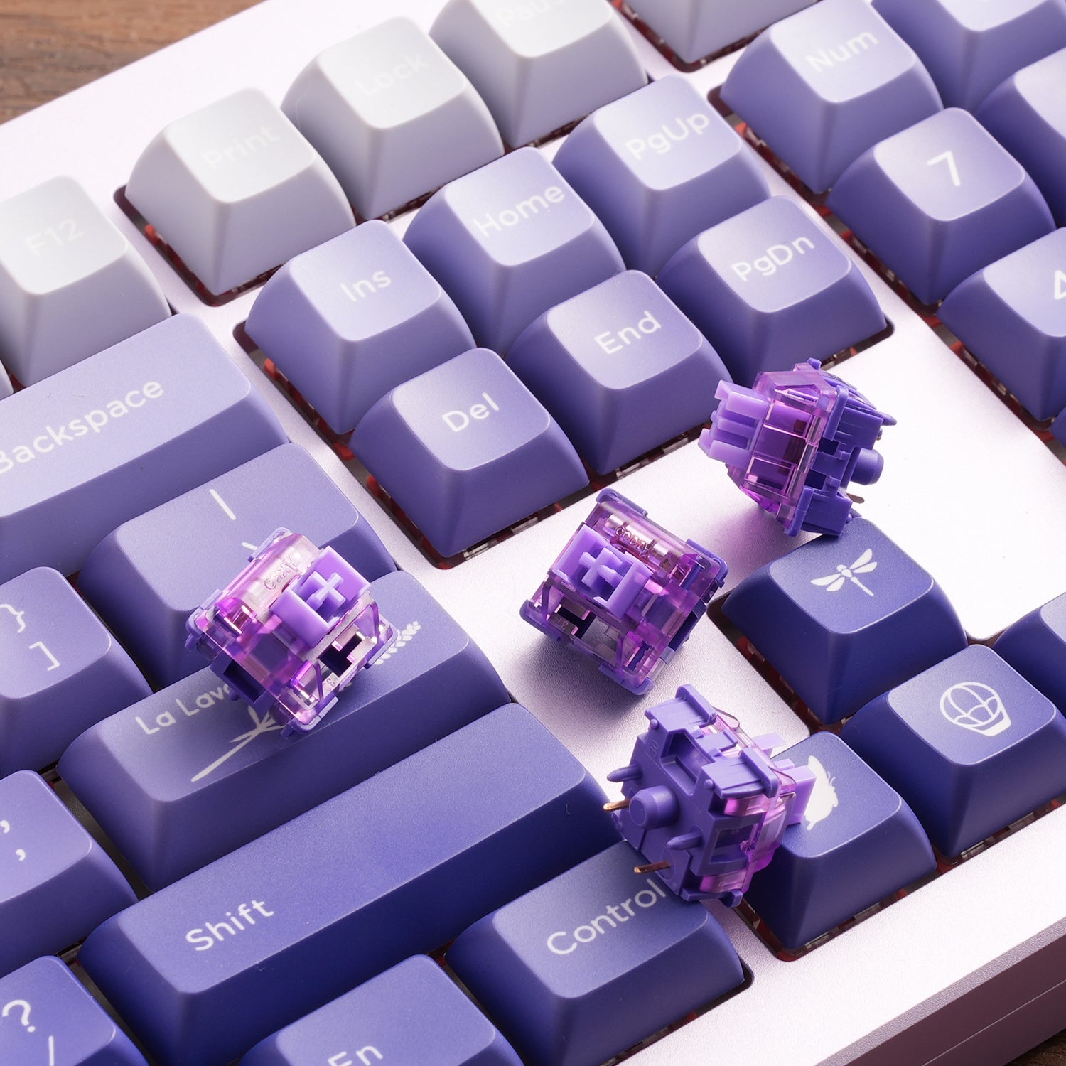 V3 Lavender Purple Pro Switches on the blue keyboard