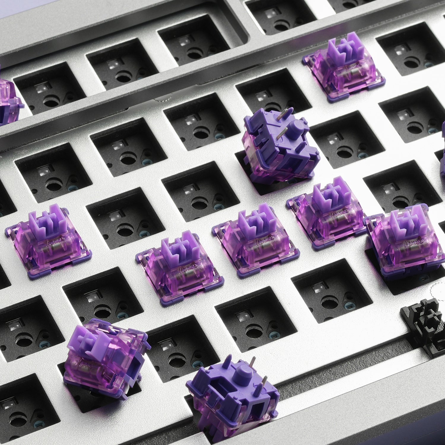 V3 Lavender Purple Pro Switches on the keyboard ready to install