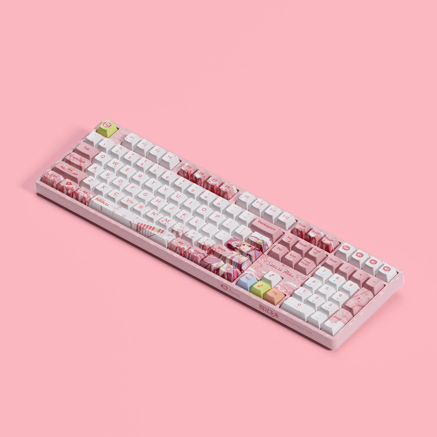 sakura miku 5108b plus pink mechanical keyboard with the pink background